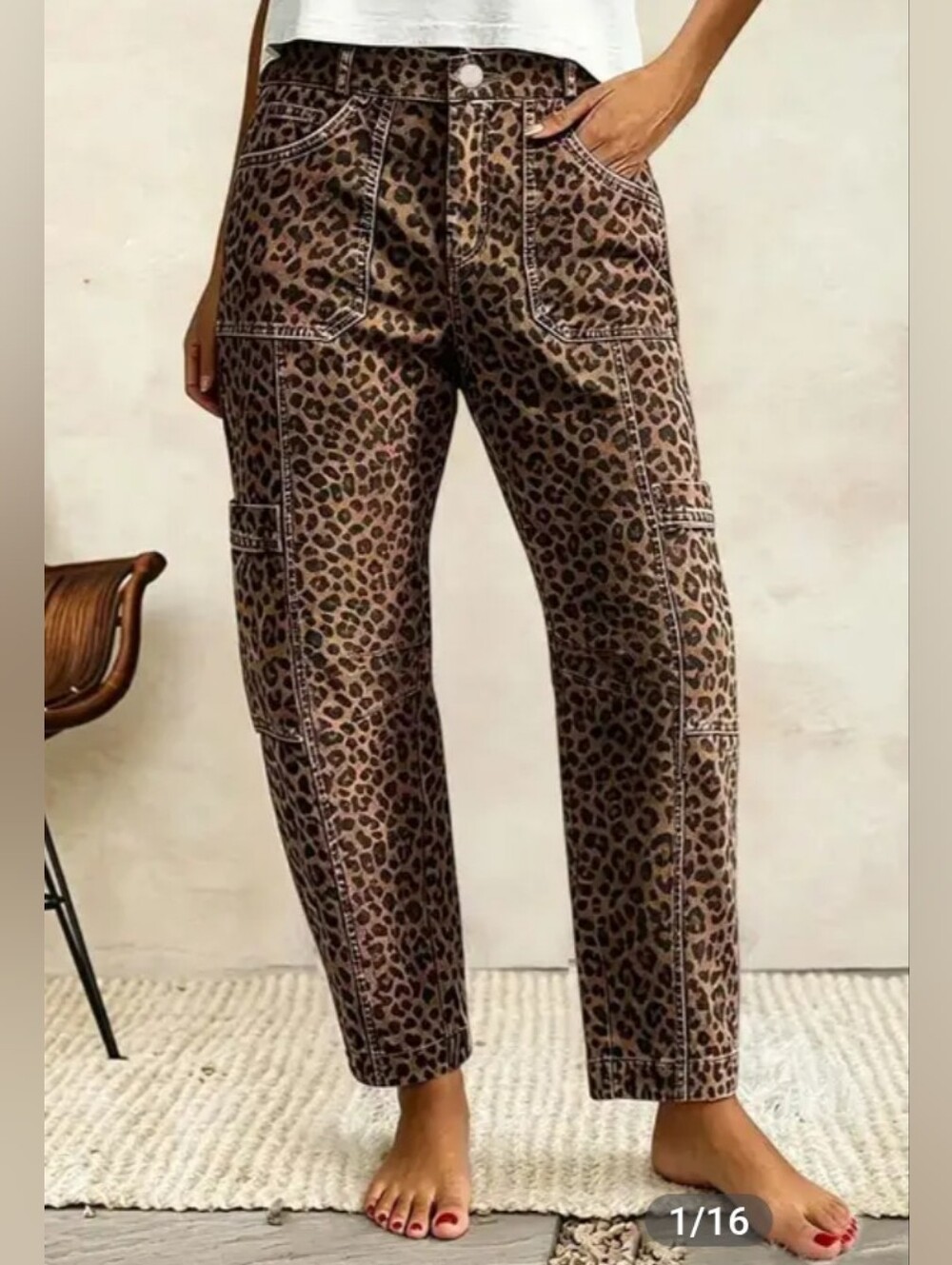 Flamingals Leopard Stitch Detail Side Pocket Mid Waist Barrel Leg Crop Pants NWT